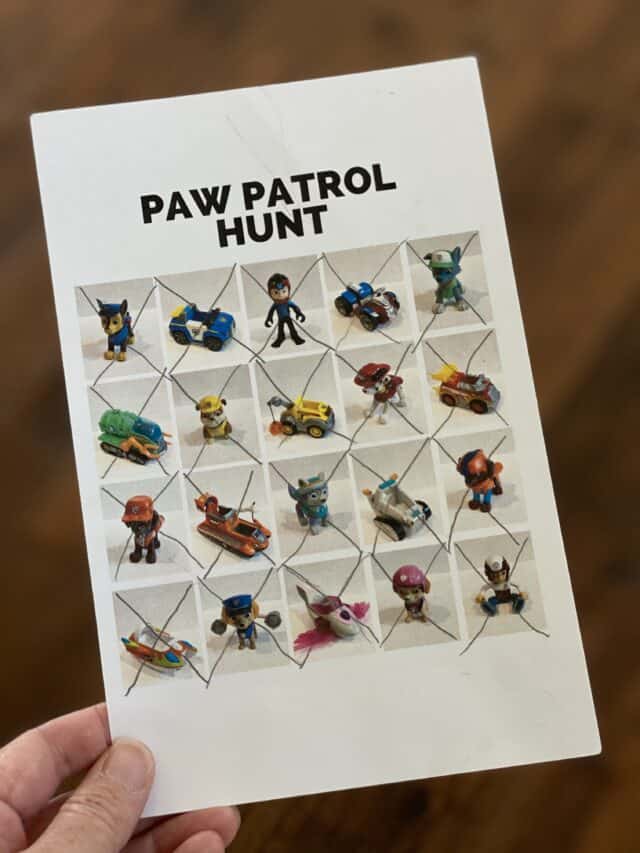 hand holding a Paw Patrol scavenger hunt card with all the squares Xed out