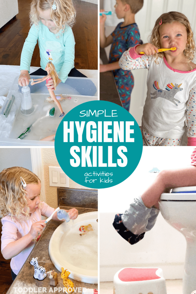 hygiene skills for kids- kids was brushing teeth, washing hands, playing with toys in a sink and brushing their teeth