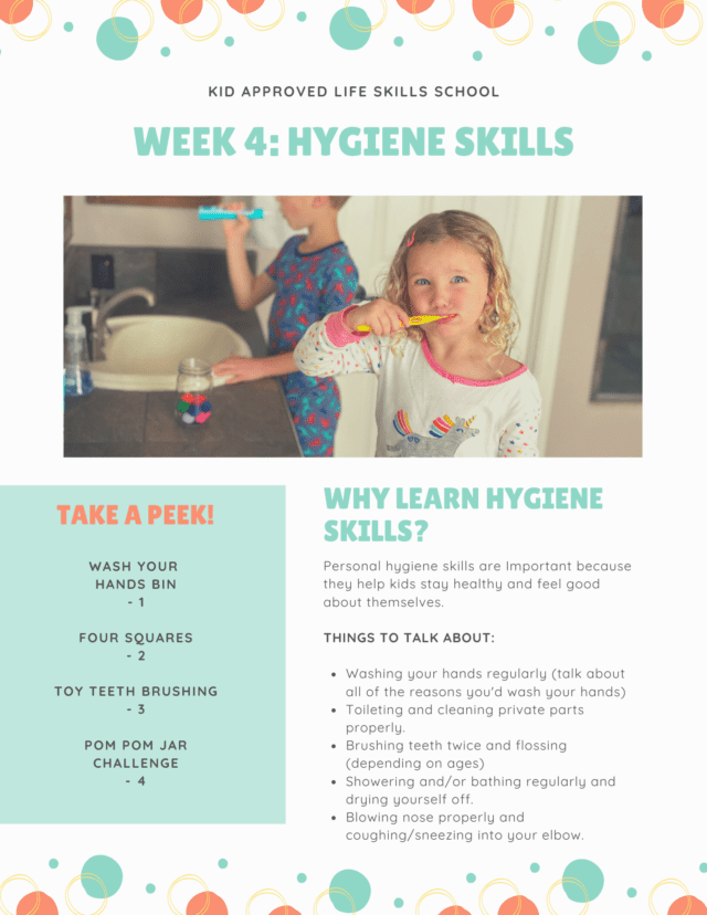 hygiene skills activity plan for kids with photo of little girl brushing her teeth