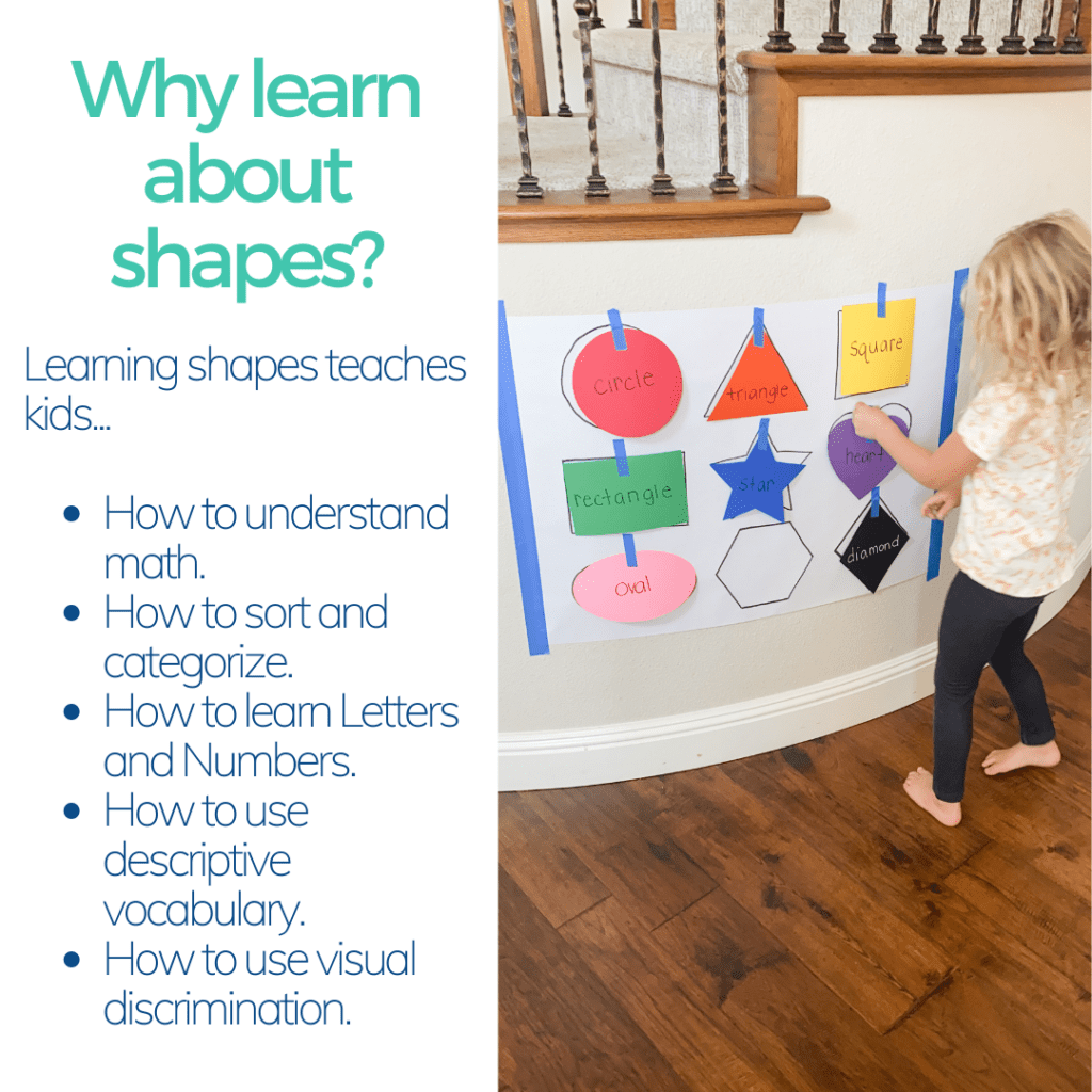 tips for why kids should learn about shapes includes a picture of a girl sticking a purple heart on the wall